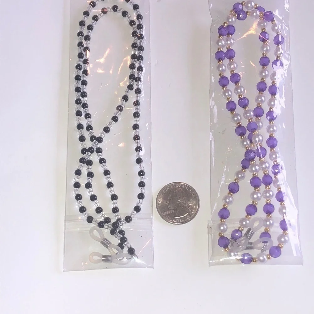 Lot of 2 Beaded Black & Clear Purple & Faux Pearl Boho Eye Glass Holders